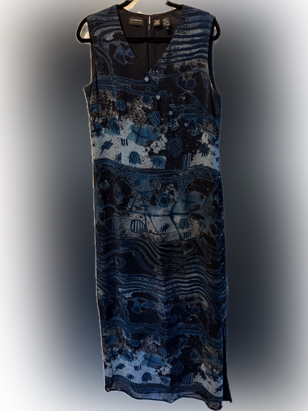 Liz Claiborne Sleeveless Blue Patterned, Fully Lined Maxi Dress